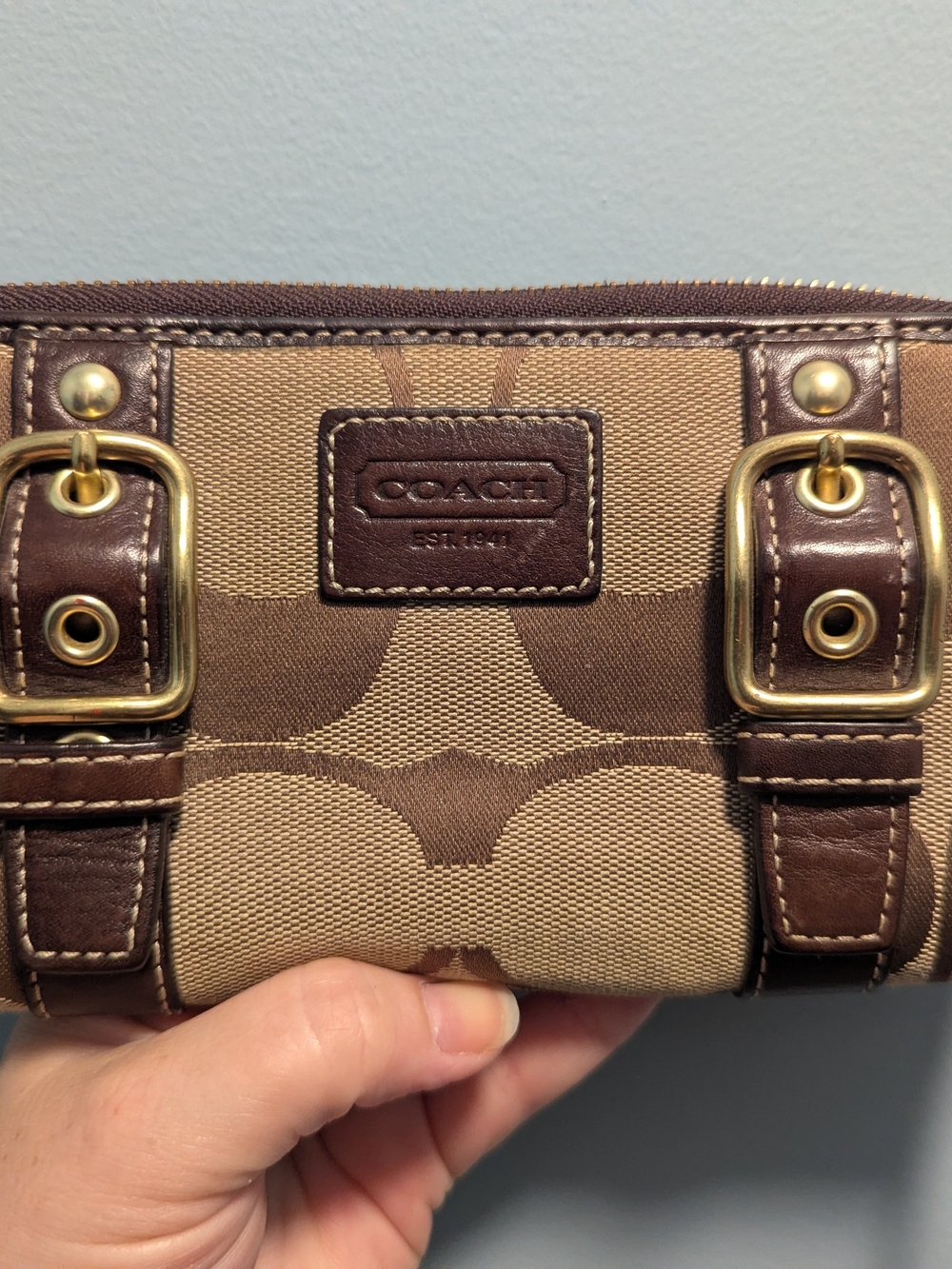 Coach Signature Canvas Wallet in Brown and Tan with Brass Hardware